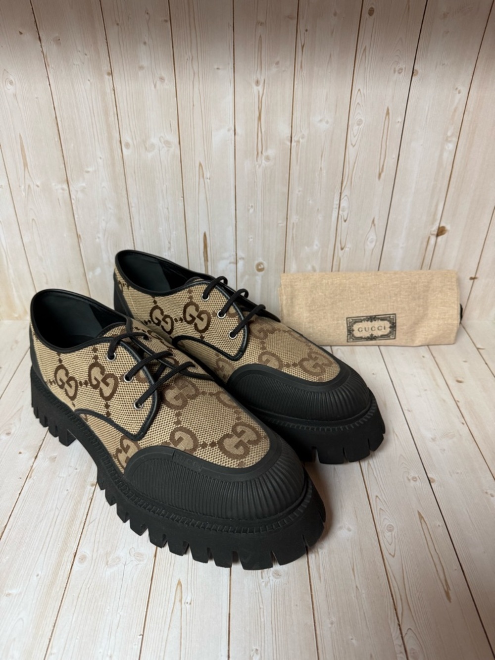 Gucci Monogram Jumbo Maxi GG Lace Up Derby Camel Ebony/Black Sz 13G / 13.5US - Picture 2 of 13